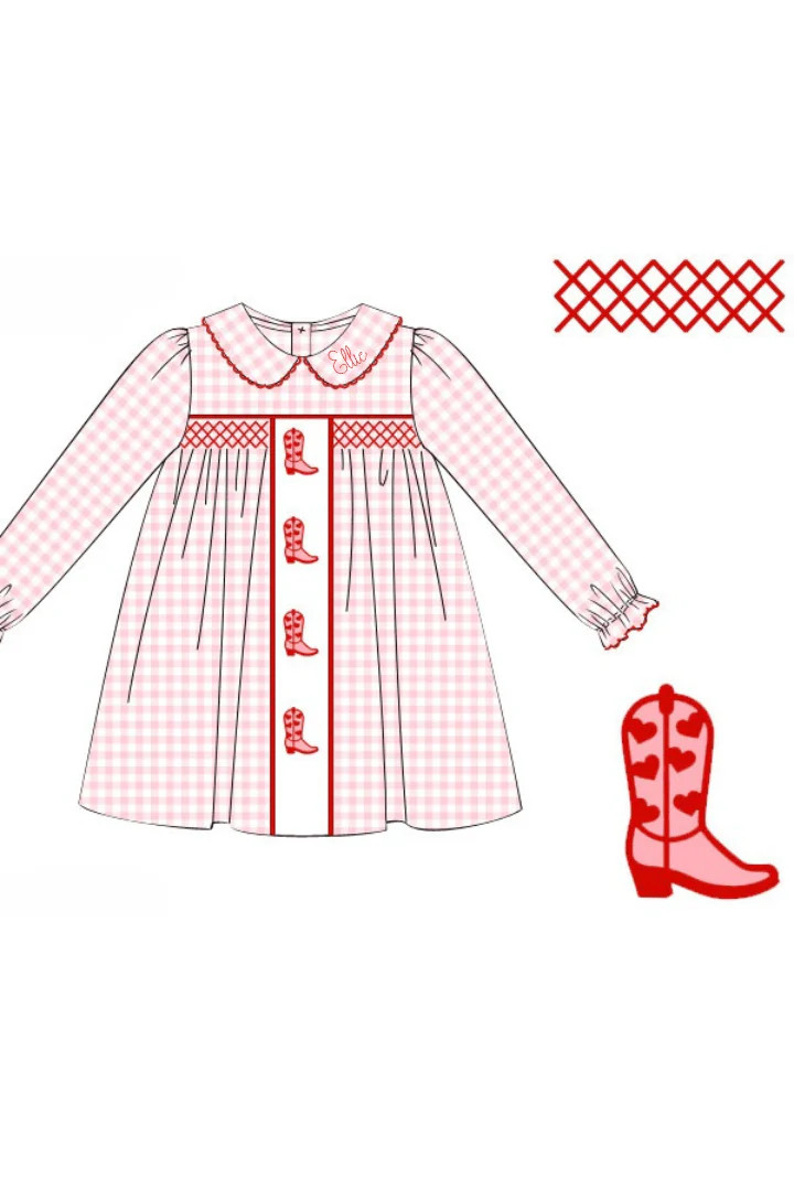 Pre-Order Smocked Valentine Boots Pink Gingham Dress | The Smocked Flamingo