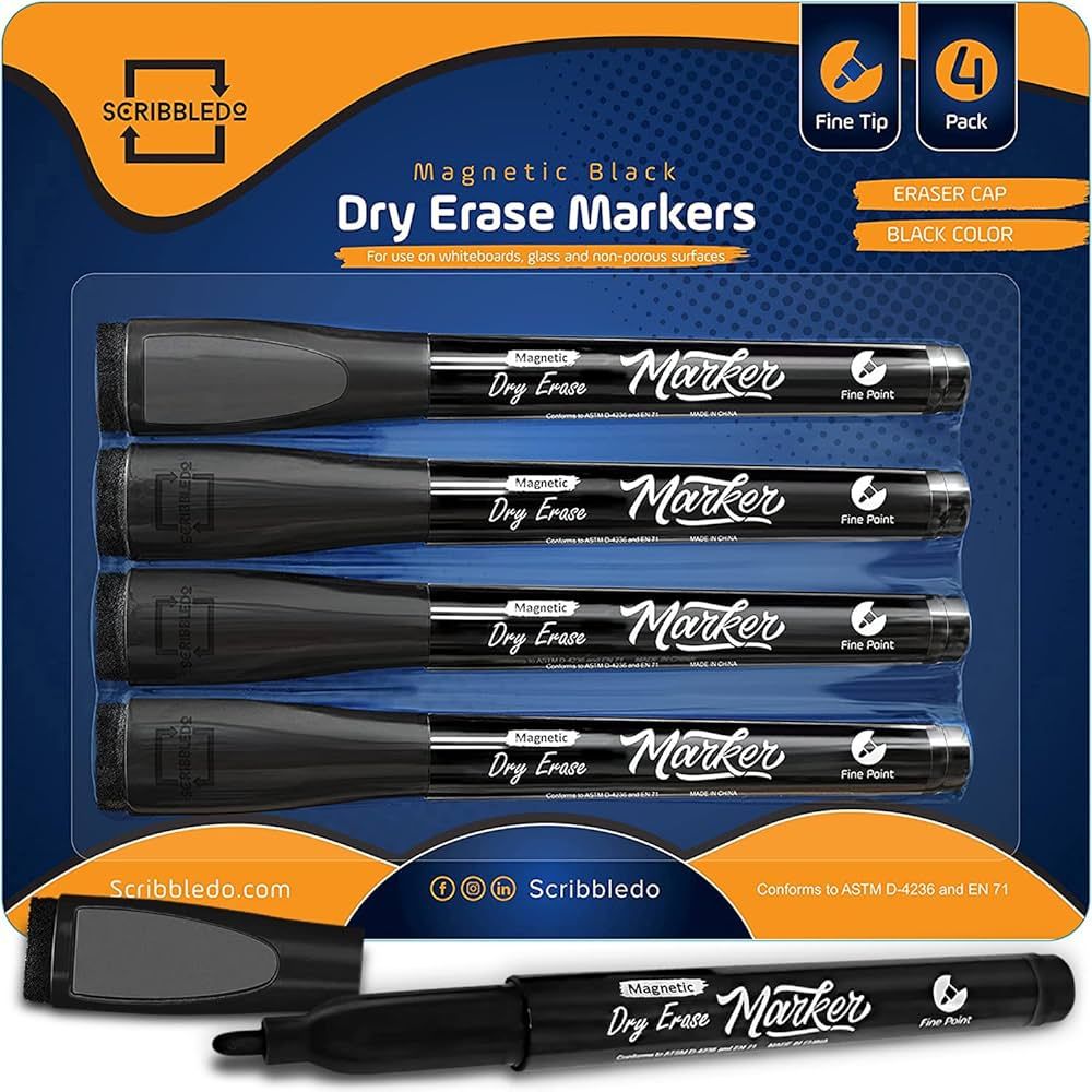 Scribbledo 4 Pack Magnetic Dry Erase Markers Fine Tip Black Color Low Odor Whiteboard Markers with E | Amazon (US)