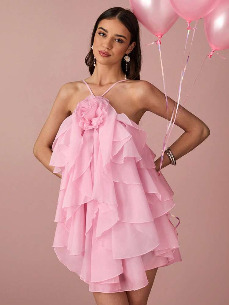 Enchnt Spring/Summer Romantic Women's Pastel Pink 3D Flower Decor Ruffle Hem Halter Neck Sleevele... | SHEIN