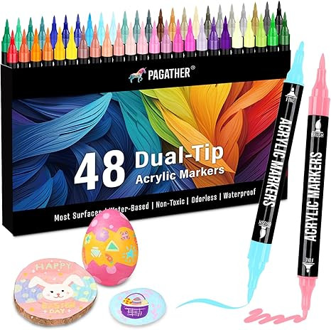 48 Colors Acrylic Paint Markers, Dual Tip with Fine Tip and Brush Tip Pens for Stone, Wood, Calli... | Amazon (US)