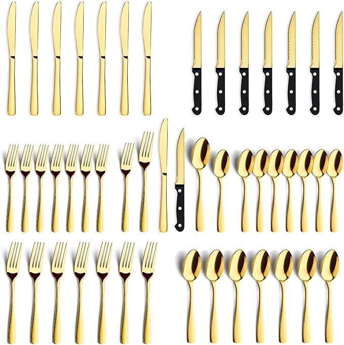BEWOS 48-Pieces Gold Silverware Set for 8 - Stainless Steel Flatware Set with Mirror Polish, Silv... | Amazon (US)