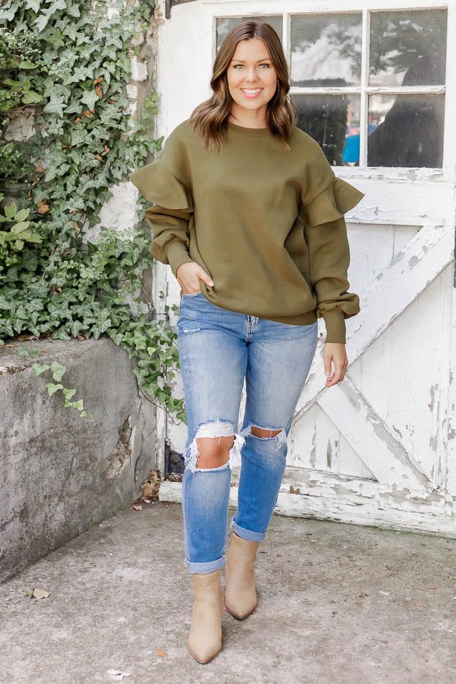 The More You Know Olive Green Ruffle Pullover | Pink Lily