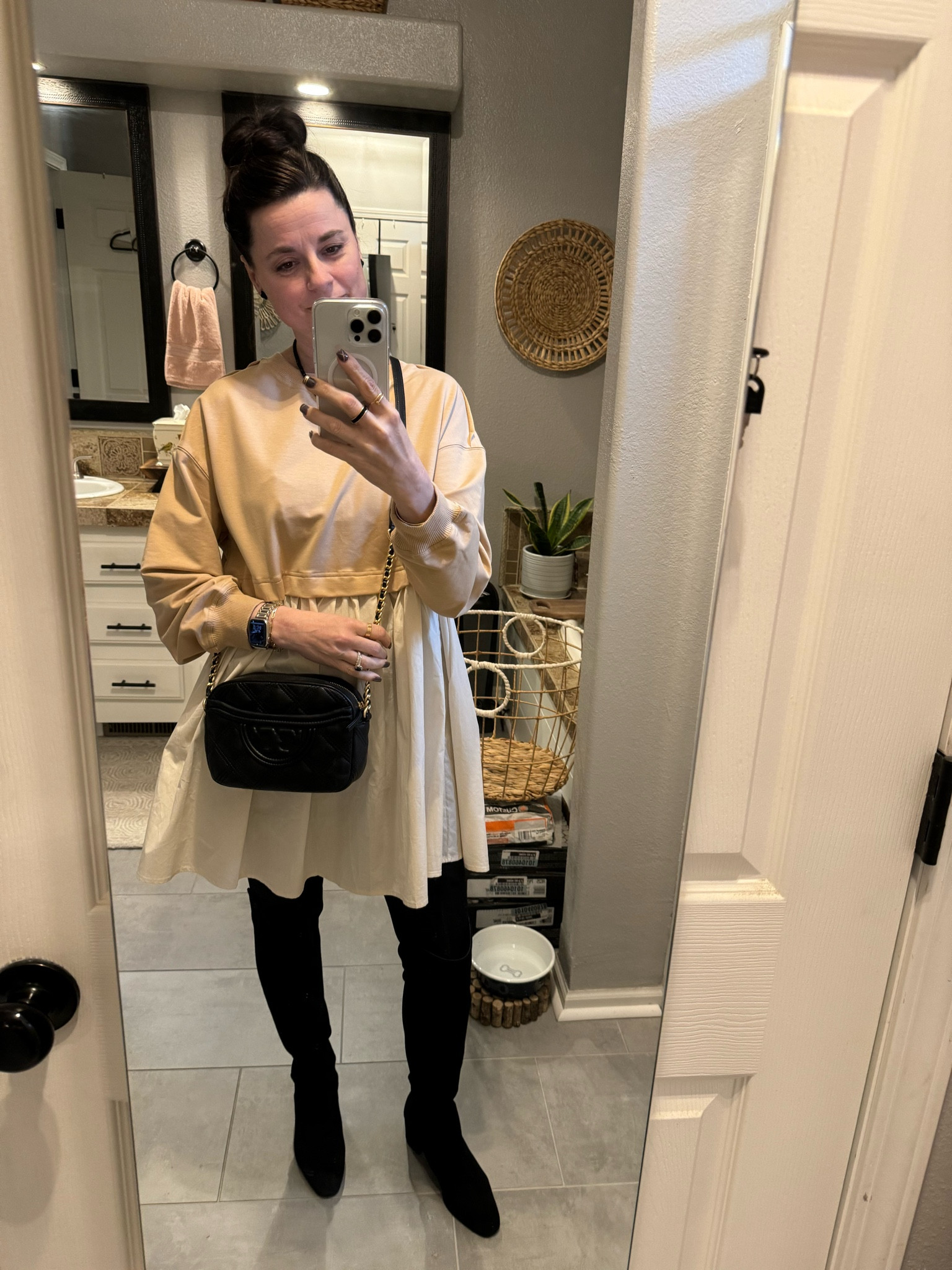 I love the contrast between these black boots and this cream/tan twofer dress!  These boots are so comfortable and can literally be walked in for hours!!!  They run TTS - dress came from Mod Boutique.  It is called Juan Poplin and the color is Navajo White.  Amazon has one very similar.

#LTKshoecrush #LTKstyletip #LTKover40