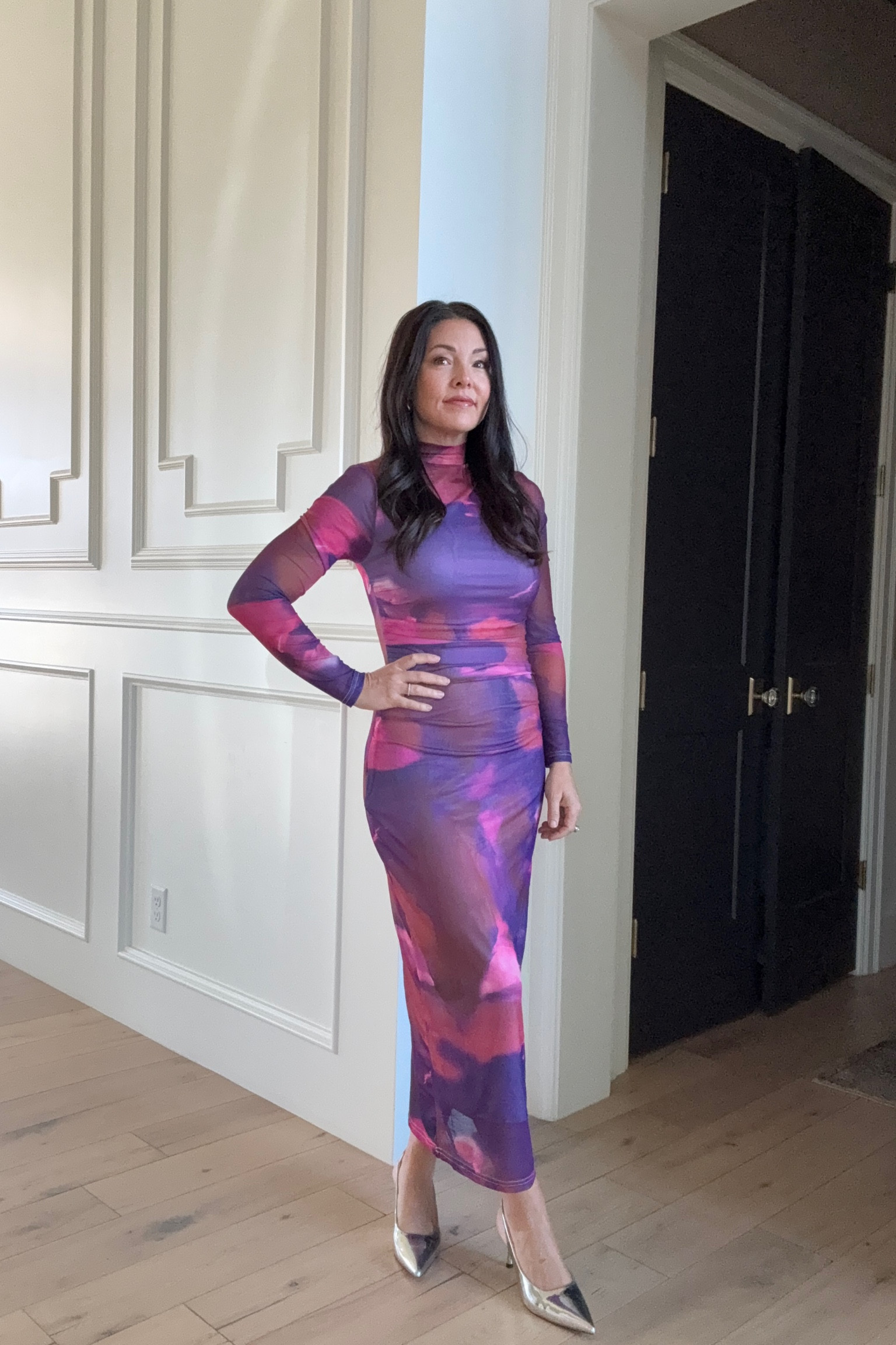 The most comfortable watercolor dress with ruched tummy. Very flattering and comes in more colors. Wearing size small. 
Chrome kitten heel pumps 
Amazon fashion 
Holiday dress 

#LTKShoeCrush #LTKFindsUnder50 #LTKParties