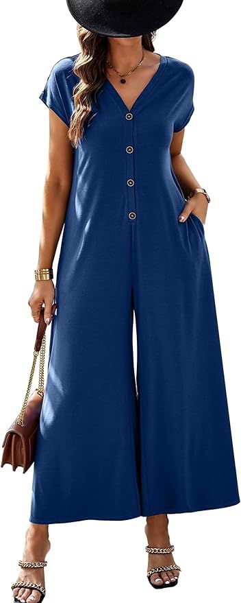 ECOWISH Women Long Pants Jumpsuit: Casual Short Sleeve V Neck Wide Leg Rompers Summer Loose Butto... | Amazon (US)