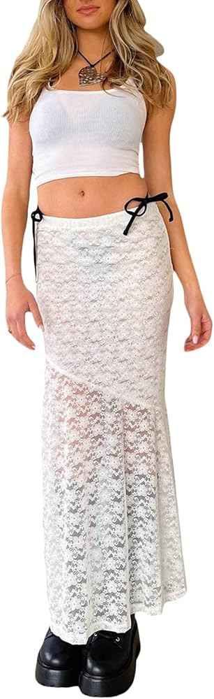 Women Y2k Lace Maxi Skirt Summer Sexy See Through Long Lace Skirt Casual Boho Fairy Grunge Midi L... | Amazon (US)