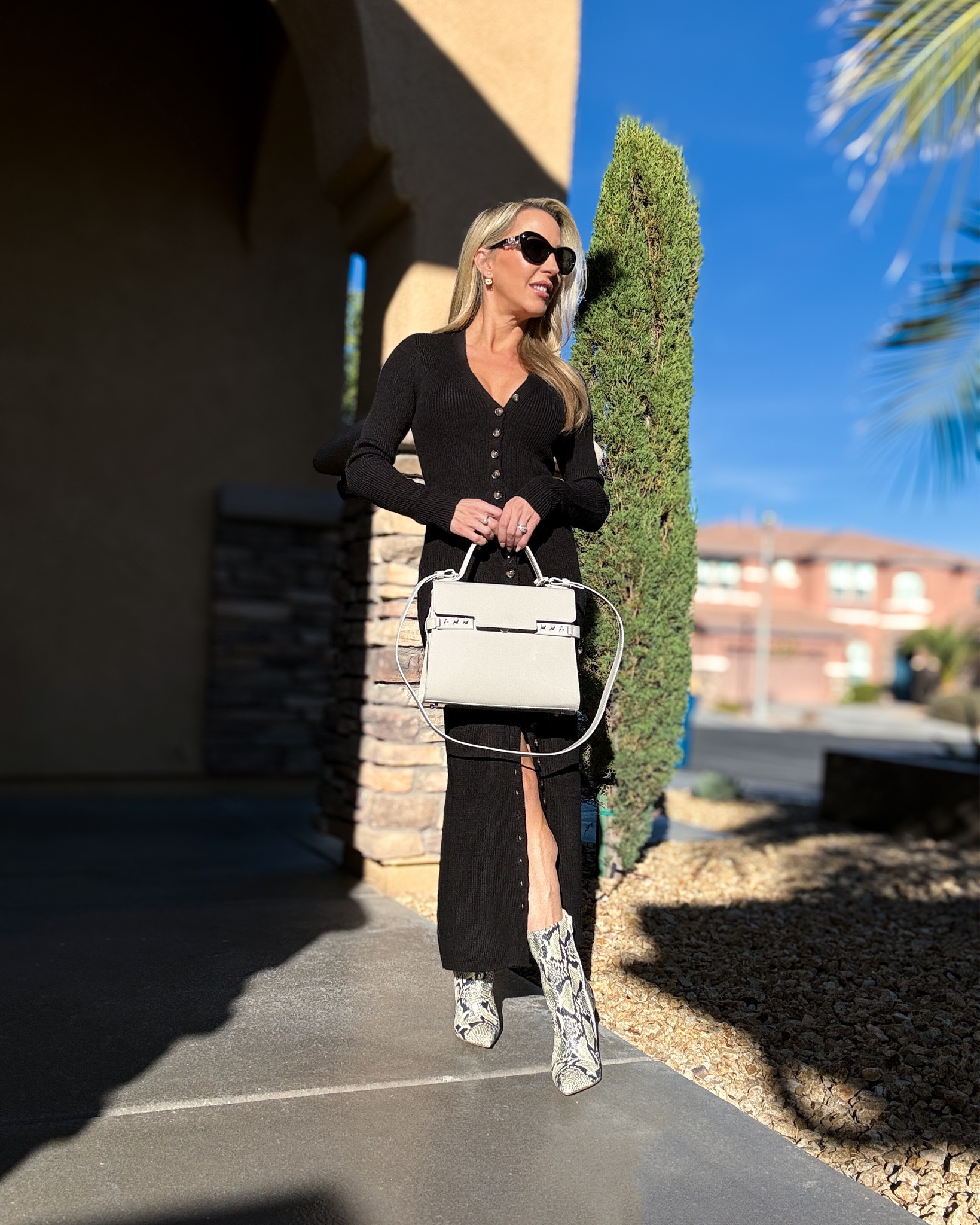 This super warm, cozy, stretchy long sleeve long black sweater dress can be buttoned as conservatively or sexily as you want making it the perfect Thanksgiving outfit or Fall outfit. I styled it with faux snakeskin ankle boots to add a bit of a statement piece and Delvaux bag in grey patent leather. 

#LTKSeasonal #LTKHoliday #LTKstyletip