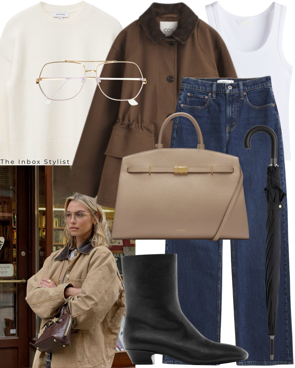Pair your barn jacket with a grown up umbrella on a rainy day. 

Including barn jacket, cream knit jumper, vest top, dark blue jeans, gold frame glasses, cream handbag, heeled boots, long umbrella  

#LTKstyletip #LTKbag #LTKautumn