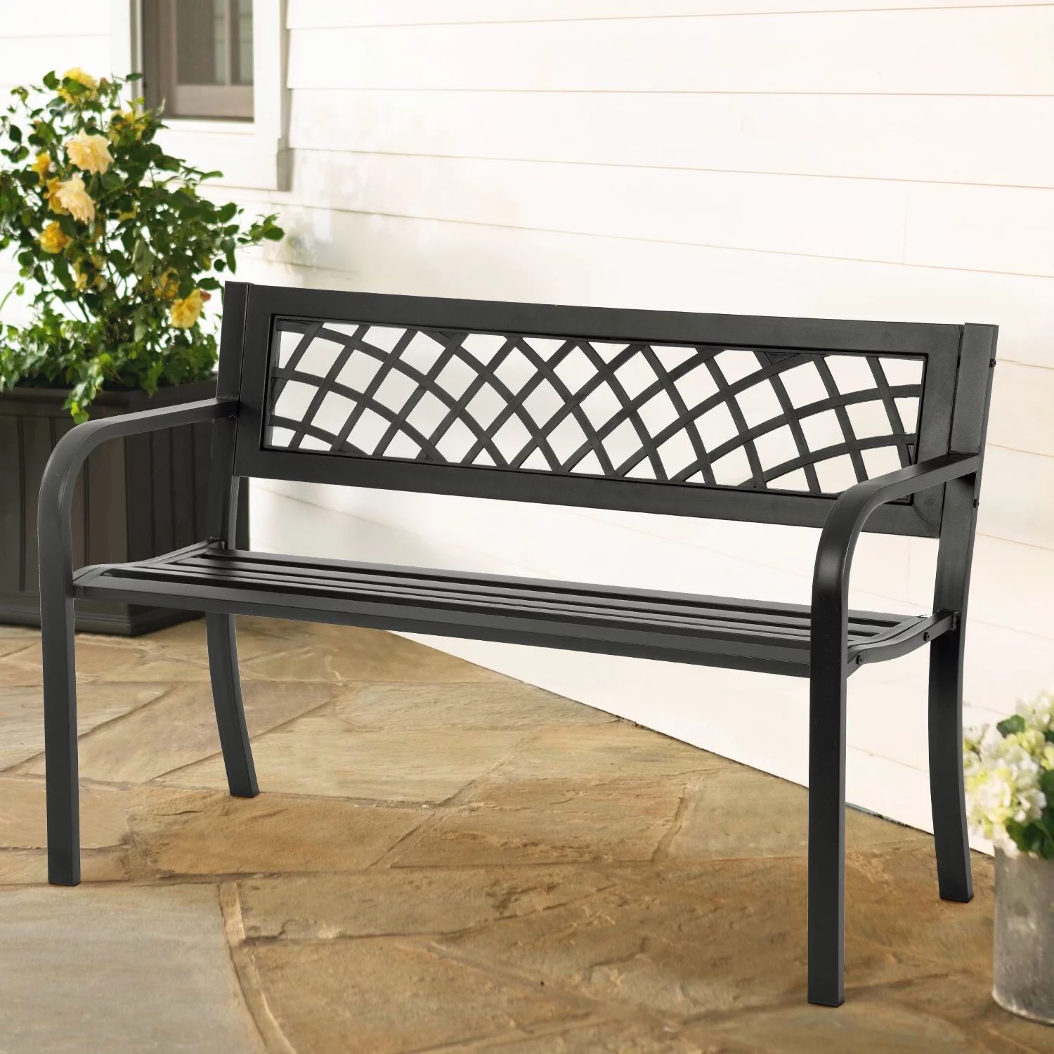 YRLLENSDAN 45.5in Black Outdoor Bench Metal Garden Bench for Outdoors, Patio Bench Black for Park... | Walmart (US)