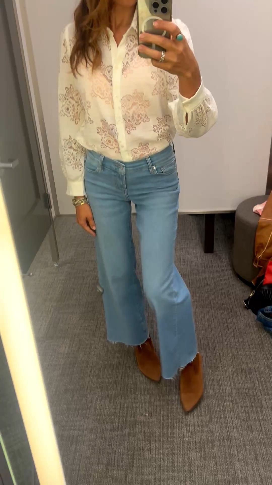 Jeans mother slight wide leg tts 
Lace top WHBM 
Casual
Errands 
over 40