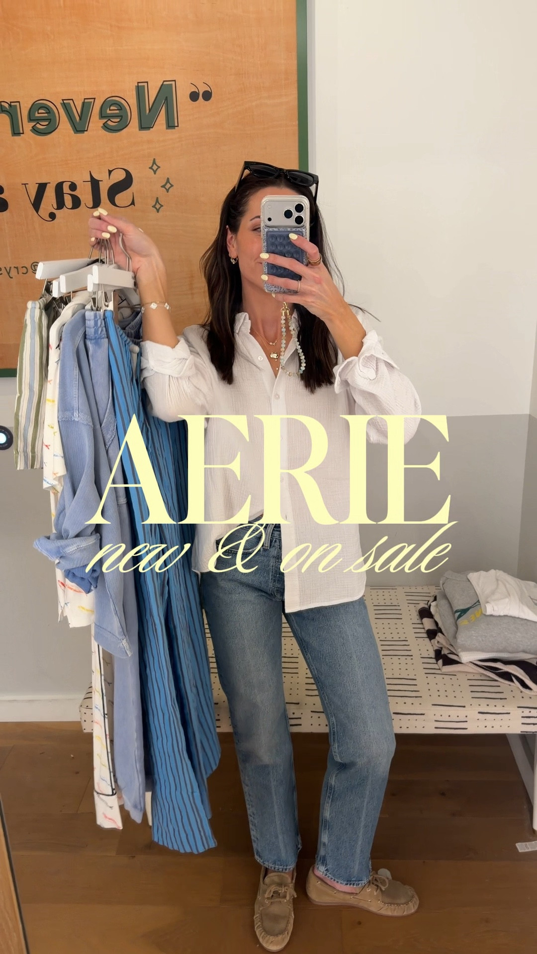Aerie sale!! 💚🐟☀️
Stackable 20% off code: LTKAERIE20

Blue lounge set: true to size (S in both, size down if between) 
Sardine tee: tts (S)
Stripe wide leg cotton pant: tts (S) 5’7” 
Sardine sweatshirt: tts (S) oversized fit, size down if between 
Stripe cotton shorts: tts (S) 
Sardine pajamas: true to size (S) soo soft, these wash and dry so well! Lots of fun prints
Brown stripe henley & short: tts (S)
Black racerback cami: tts (S) built in bra + removable padding 👏🏼
Ruffle active short: tts (S) these are short just fyi! 
One piece swimsuit: tts (S)  


#LTKTravel #LTKSaleAlert #LTKxAerie