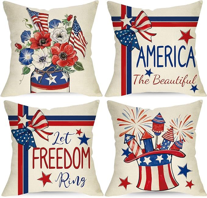 Ussap 4th of July Let Freedom Ring American Decorative Throw Pillow Covers 18 x 18 Set of 4, USA ... | Amazon (US)