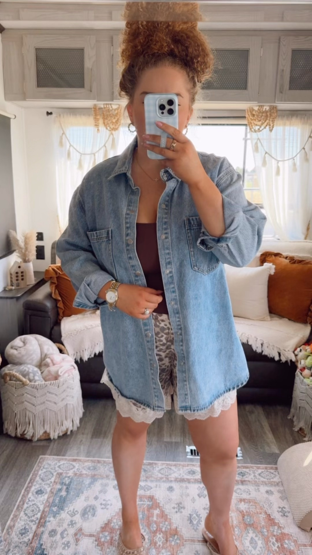 Date night but make it effortless + a little bold 🤎✨ oversized denim button down | brown tank top | aerie leopard lace shorts | silky shorts outfit | rhinestone mules | date night outfit idea | elevated casual outfit | night out look | chic summer outfit | denim layering outfit | neutral + print mix outfit | flirty casual outfit | dressed up casual vibe | effortless night out style | going out outfit inspo ✨

#LTKootd #LTKgrwm #LTKdayinmylife