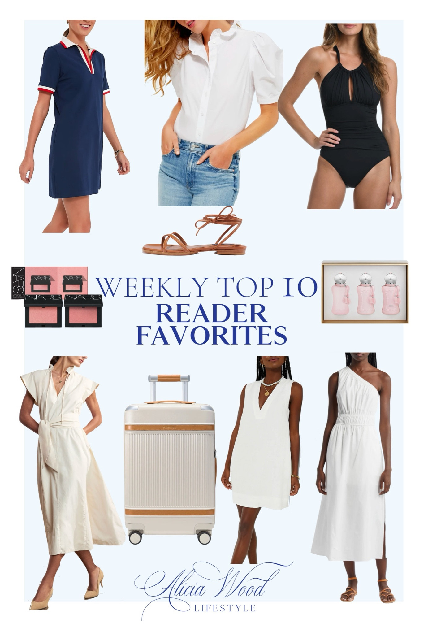 Brochu Walker 
White linen v neck dress
Navy terry cloth sleeveless coverup
White ruffle short sleeve blouse
Tan wrap sandal 
Para el carry on suitcase
Perfume de marly  trio Nordstrom Sale
NARS duo blush set Nordstrom Sale
High neck black one piece swimsuit 
One shoulder white midi dress  

#LTKStyleTip #LTKOver40 #LTKxNSale