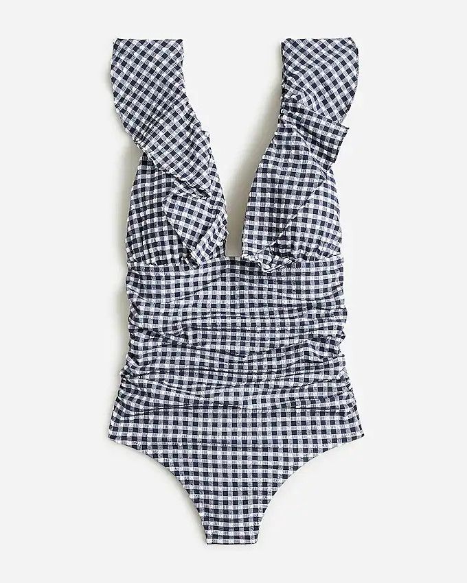 Ruffle V-neck ruched one-piece swimsuit in classic gingham | J.Crew US