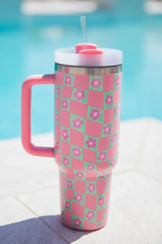 Sippin' Pretty Warped Checker Daisy 40 oz Drink Tumbler With Lid And Straw | Pink Lily