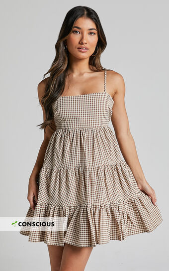 Lorelle Mini Dress - Straight Neck Tiered Dress in Brown Check Gingham | Showpo (US, UK & Europe)