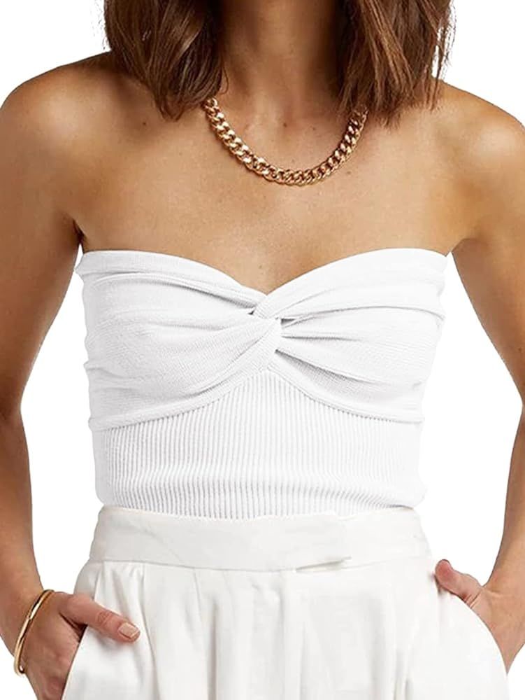 Womens Tube Tops Summer Twist Knot Front Knit Bandeau Sweetheart Neck Ribbed Sleeveless Strapless... | Amazon (US)