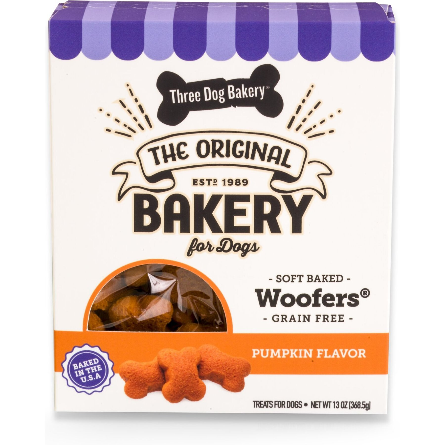 Three Dog Bakery Soft Baked Woofers Grain-Free Pumpkin Flavor Dog Treats, 13-oz box | Chewy.com