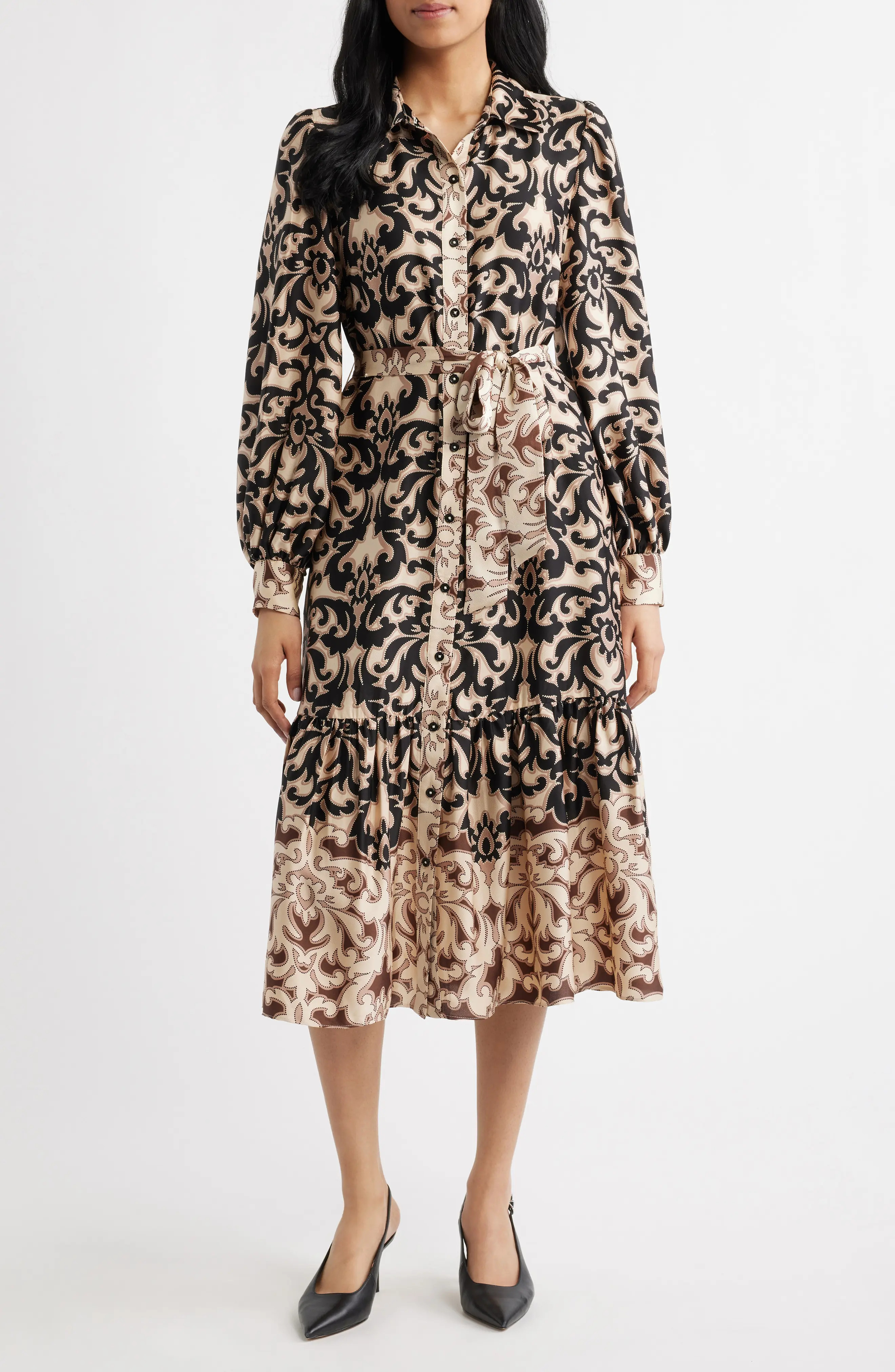 Print Tie Waist Midi Shirtdress (Women) | Nordstrom | Nordstrom