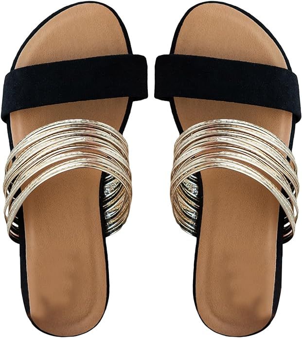 Verdusa Women's Metallic Strappy Flat Sandals Summer Slide Sandals Casual Shoes | Amazon (US)