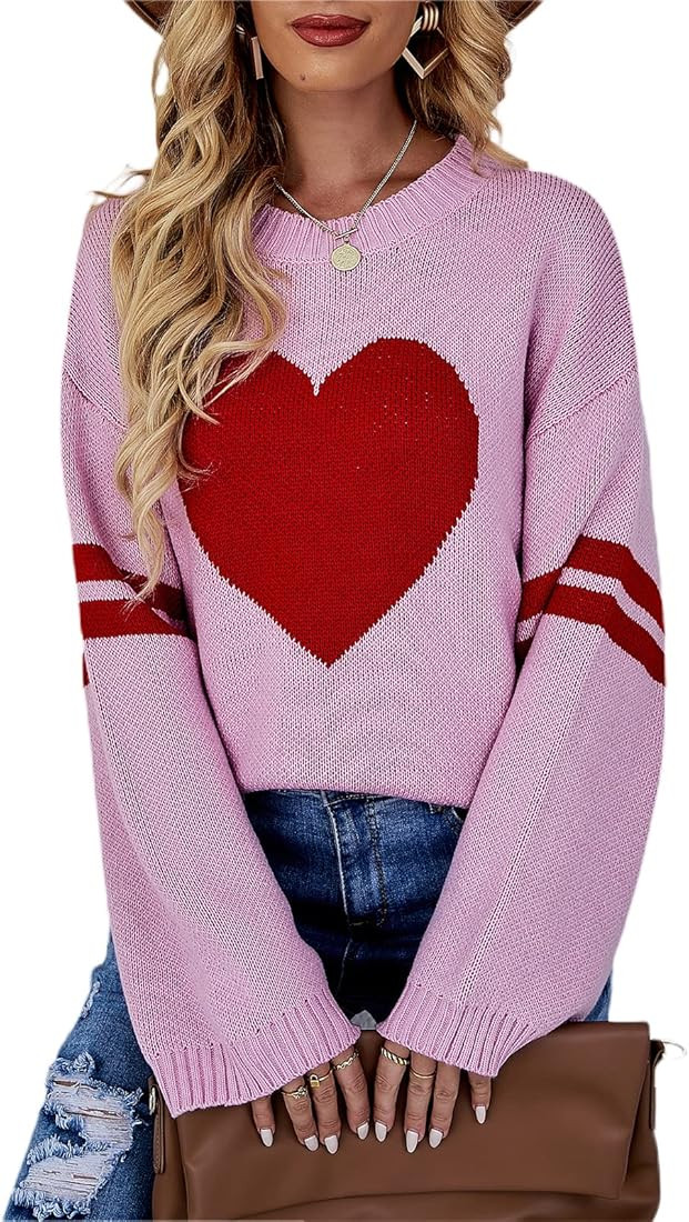 Mxiqqpltky Heart Print Sweater for Women Long Sleeve Crewneck Valentine's Day Knitted Pullover Lo... | Amazon (US)