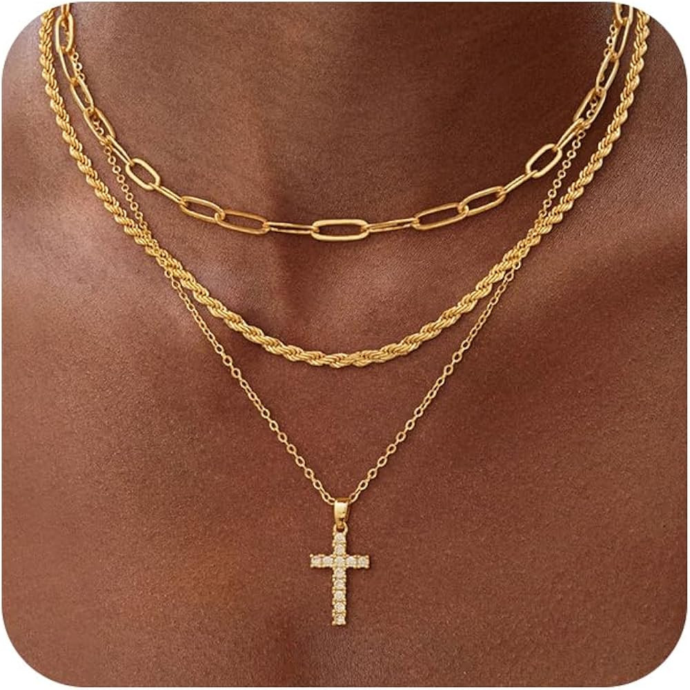 Layered Gold Cross Necklaces for Women, Stack Stackable 14K Gold/Silver Plated Cubic Zirconia Pen... | Amazon (US)