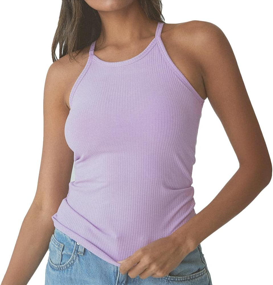 Klassy Network Ribbed High Neck Brami Tank-Top for Women - Built-in Bra Racerback Full Length Tan... | Amazon (US)