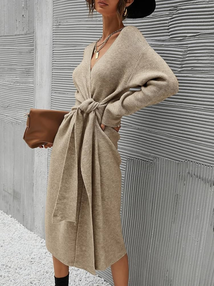 AUSEVO Sweater Dress Drop Shoulder Tie Front Sweater Dress for Women (Color : Apricot, Size : Med... | Amazon (US)