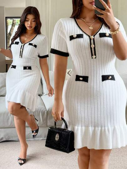 Vionelle Plus Size Women Retro Knit Short Sleeve Metal Button Waist Ruffle Hem Fit & Flare Dress, Elegant Fashion Casual Versatile Winter Fall Autumn | SHEIN