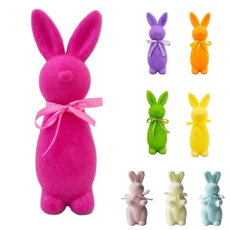 Kugisaki Easter Decorations Flocked Bunnies Figurine with Bow tie 8.8" Flocking Rabbit Tabletop Ornament for Easter Centerpieces for Spring Home Office Table Decor, Party Supplies(Bright Colors) | Walmart (US)