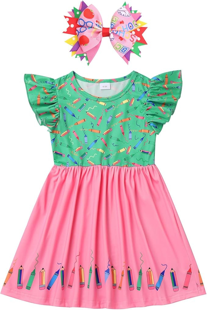 Toddler Girls Back to School Dress - Apple, Pencil, Crayon, Schoolbag, Letter Print Ruffle Dresse... | Amazon (US)