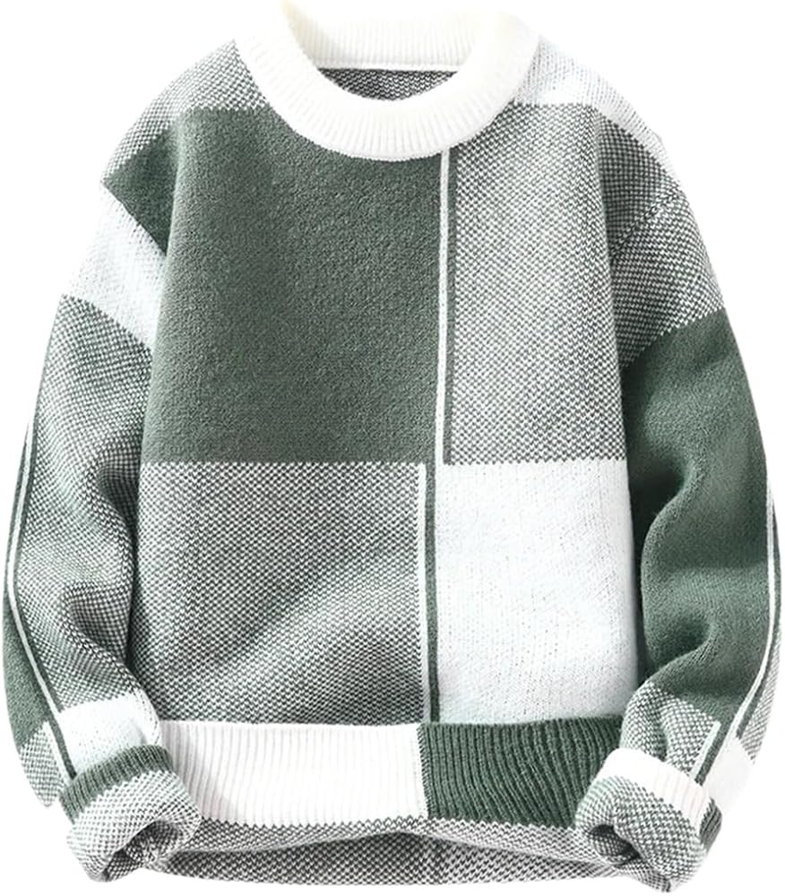 Men's Korean Round Neck Warm Sweater Casual Plaid Wool Pullover | Amazon (US)