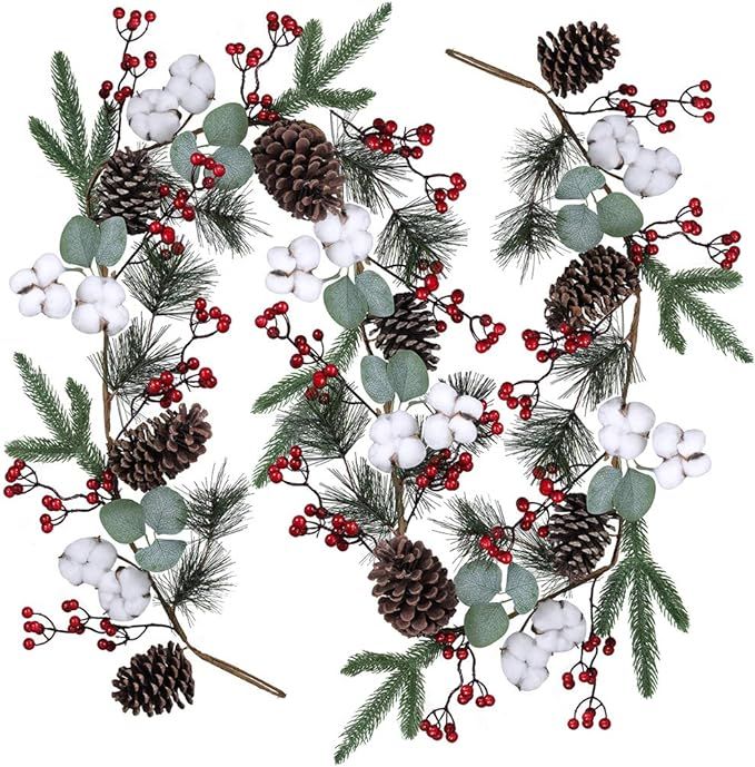 Artificial Christmas Pine Garland with Berries Pinecones Spruce Eucalyptus Leaves Cotton Balls Wi... | Amazon (US)