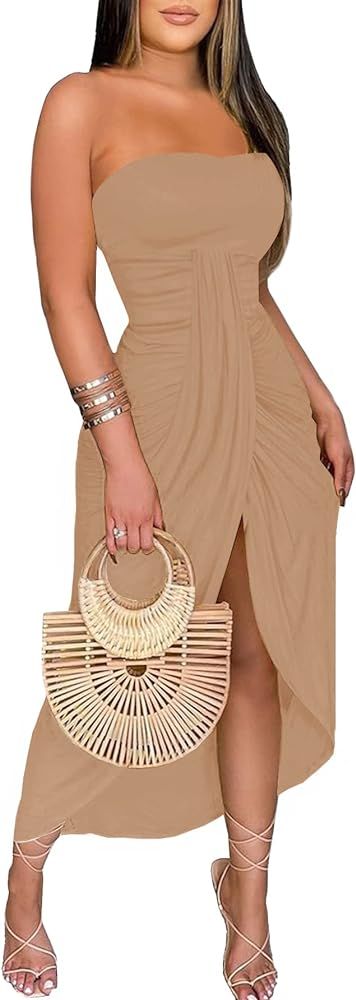 Umenlele Women's Strapless Ruched High Waist Wrap Split Asymmetrical Beach Maxi Long Dress | Amazon (US)