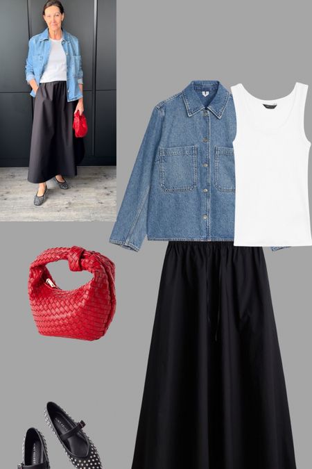 Black Poplin full skirt styling with a boxy denim shirt over a simple white vest, red woven bag from Anthropologie and embellished ballerinas