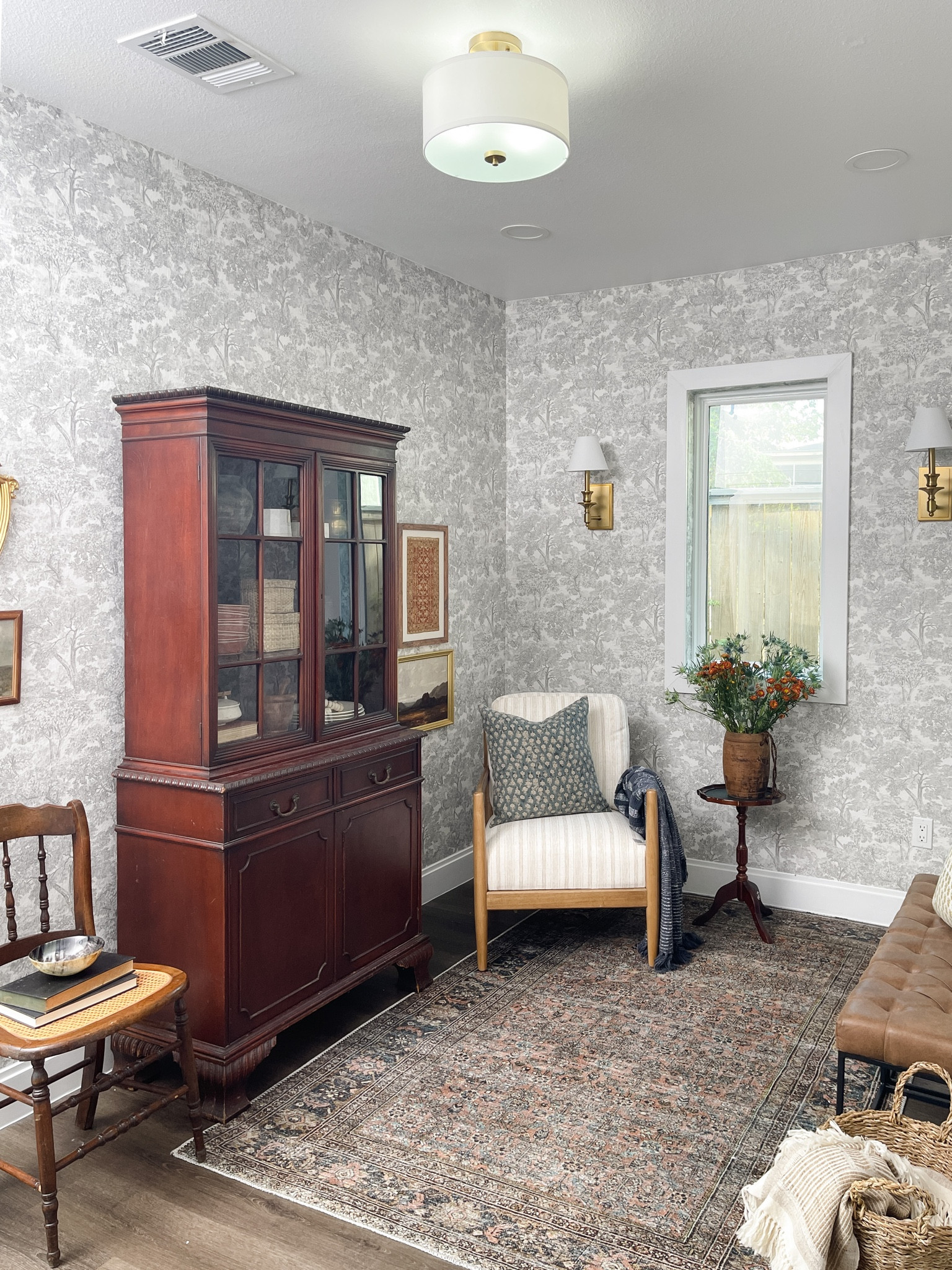 Entertaining nook from Episode 1 of #ProblemSpaces on Magnolia Network. Most sources linked. Toile wallpaper, mid century modern chair, modern semi flushmount  

#LTKstyletip #LTKhome #LTKunder100