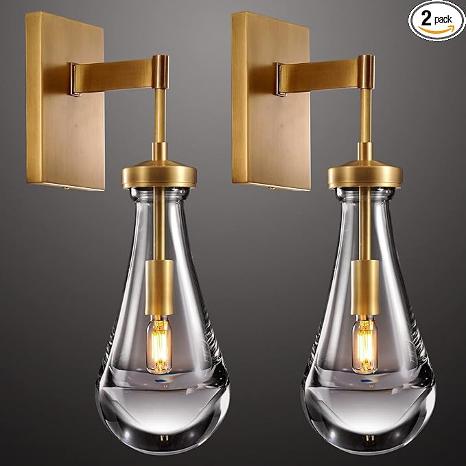 Gold Wall Sconces Set of Two, Dimmable Raindrop Sconce Brass Sconces Wall Lighting Bedroom Luxury... | Amazon (US)
