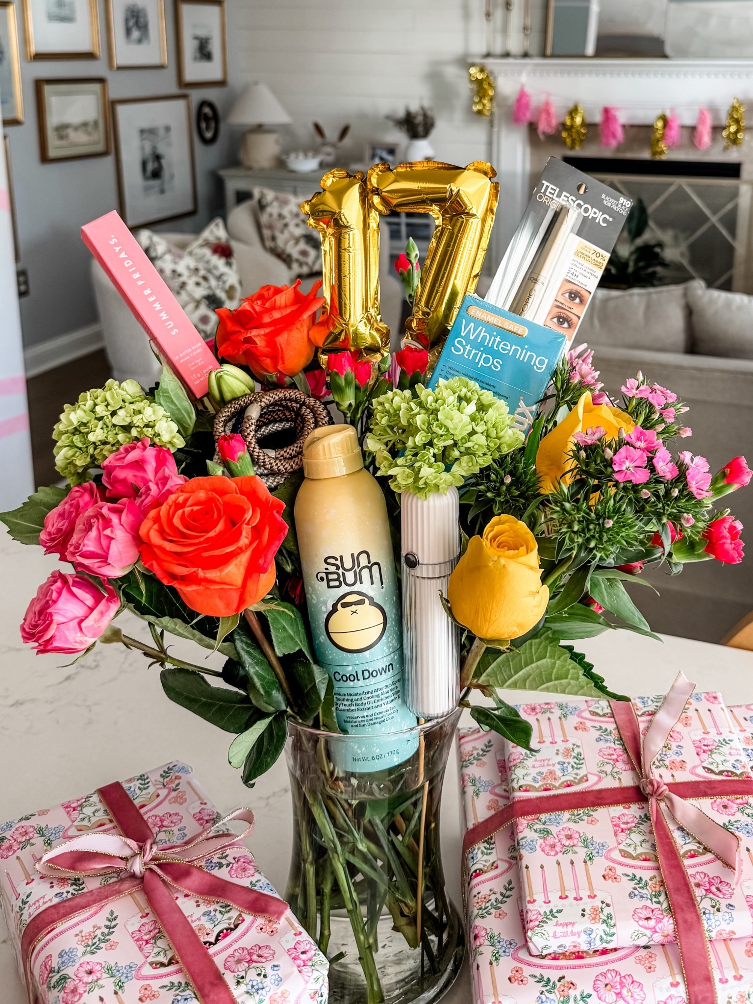 Teen Girl Birthday Gift Idea
Floral Bouquet Gift
Mini Number Balloon Foil Cake Topper Balloon Numbers
Mini Gold Balloon Numbers
Telescopic Mascara
Summer Fridays Tinted Lip Butter Balm
Lumineux Teeth Whitening Strips
Grab & go Ponytail holders 
Sun Bum Cool down aloe Vera spray
Mini lint roller 