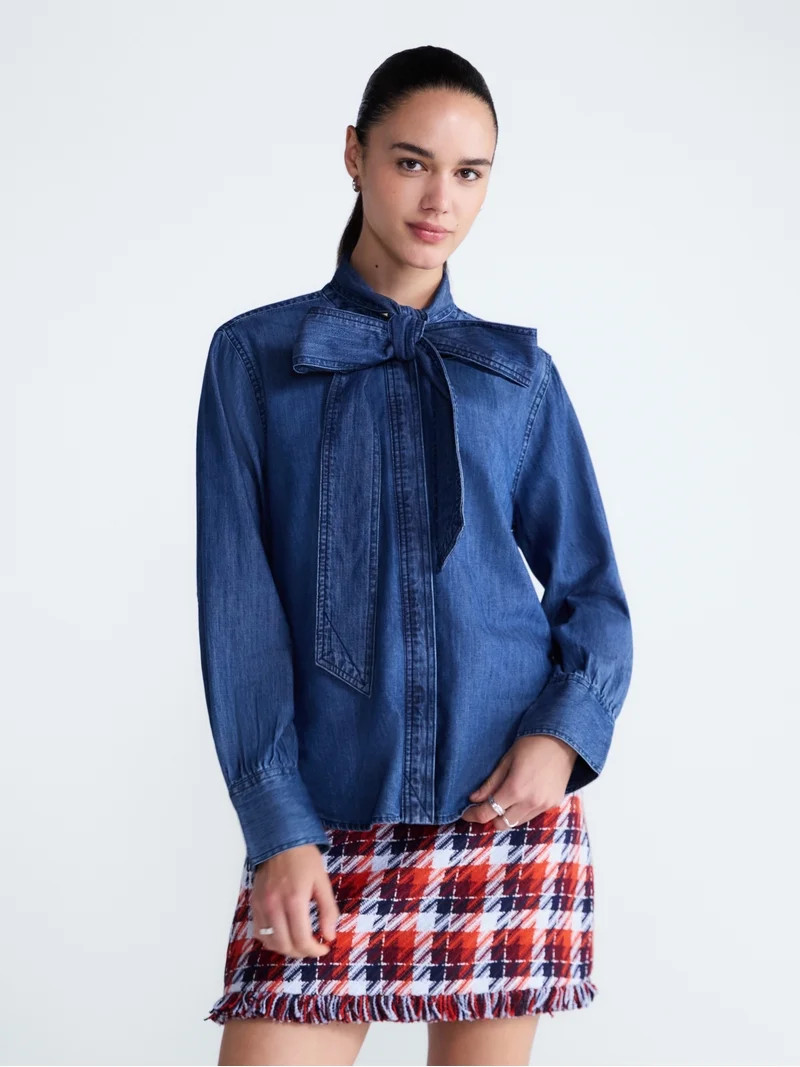 Free Assembly Women's and Women's Plus Long Sleeve Tie Neck Shirt, Sizes XS-4X | Walmart (US)