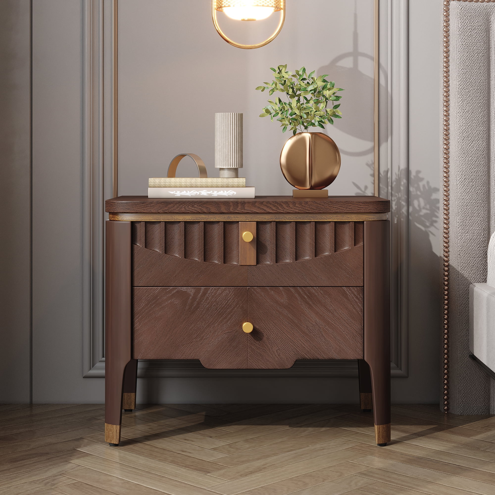 Noble House Modern Nightstand with 2 Drawers, Wave Design Bedside Table with Metal Handles,Brown | Walmart (CA)