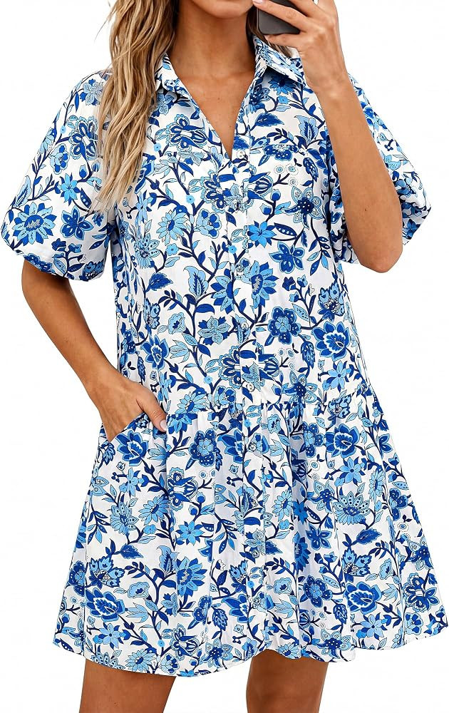 PRETTYGARDEN Womens Summer Dresses 2026 Casual Puff Sleeve Button Down Mini Shirt Dress Boho Floral Babydoll Sun Dress | Amazon (US)