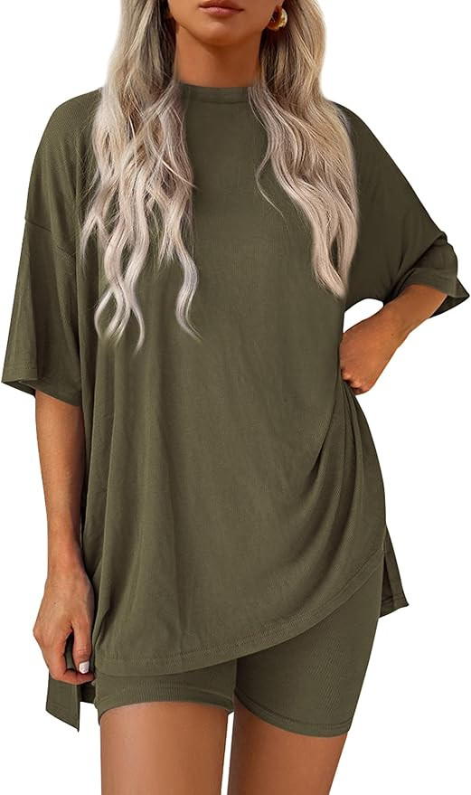 PRETTYGARDEN Women 2 Piece Lounge Set 2026 Summer Casual Oversized Shirts Biker Shorts Matching A... | Amazon (US)