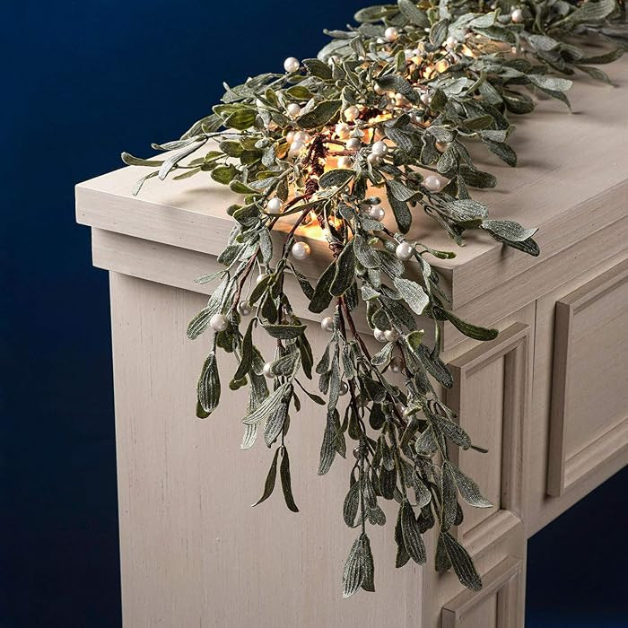 LampLust Lighted Garland Battery Operated, 6 Ft Frosted Mistletoe with Pearl Beads, 100 LED Light... | Amazon (US)