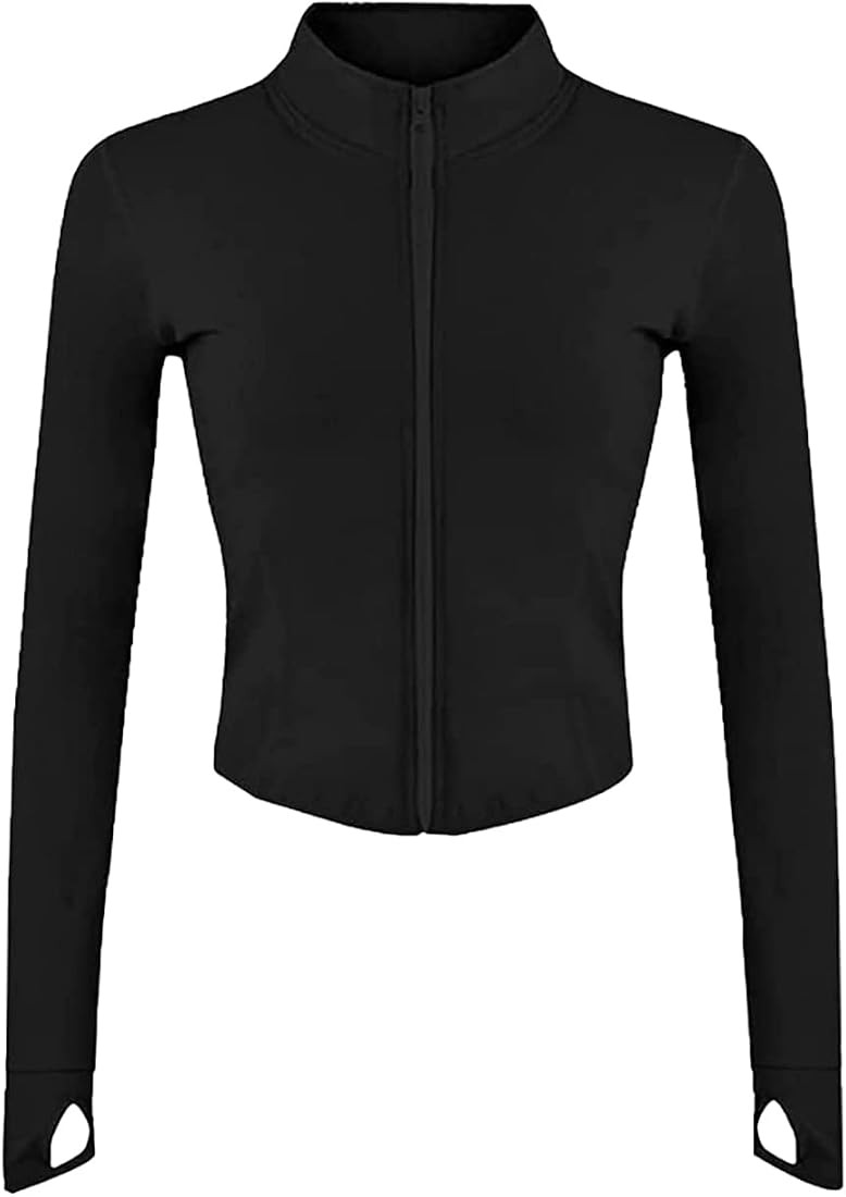 Fenclushy Womens Cropped Slim Athletic Yoga Workout Track Sports Zip Up Jacket with Thumb Holes | Amazon (US)