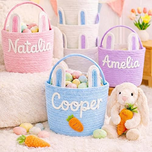 Personalized Easter Basket for Kids – Custom Name Cotton Rope Basket with Bunny Ears, Handmade ... | Amazon (US)