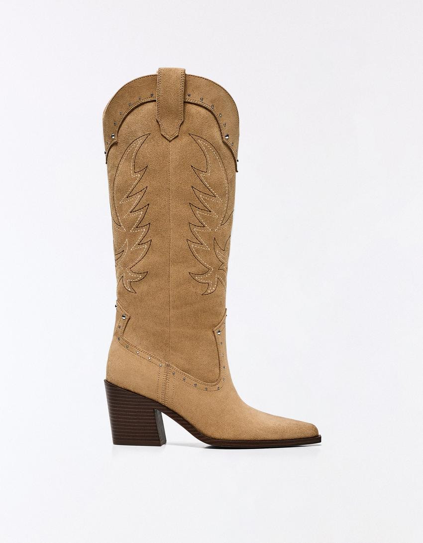 Studded cowboy heel boots - Women | Bershka UK