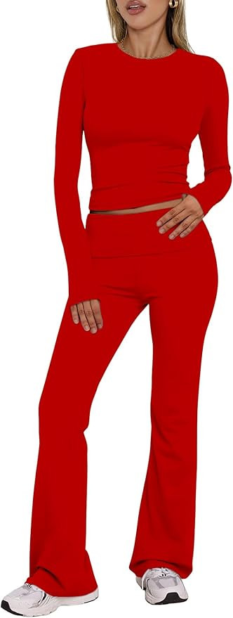 BORIFLORS Women's Workout 2 Piece Lounge Sets Long Sleeve Tops Foldover Flare Pants Casual Outfit... | Amazon (US)