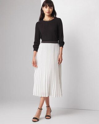 Women's Smocked Pleated Midi Skirt in Ecru w/ Black size XL | White House Black Market | White House Black Market