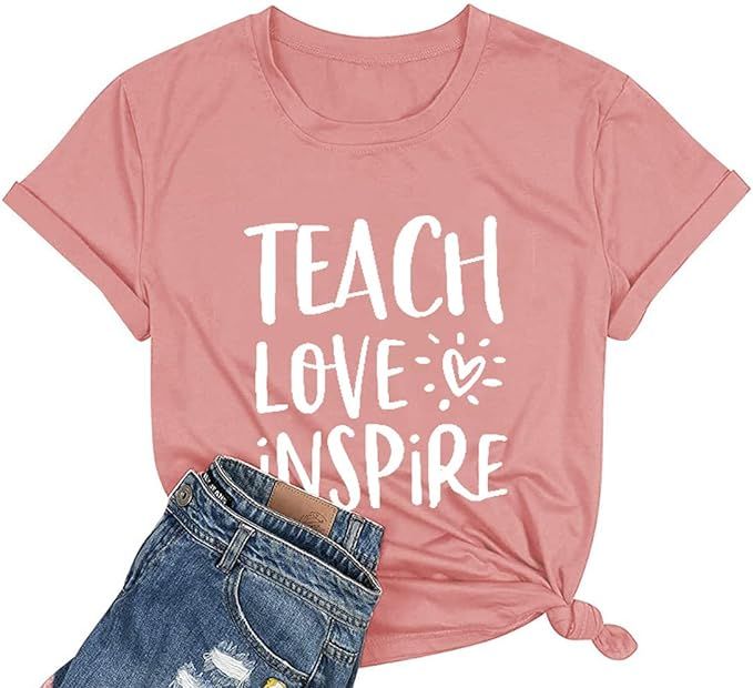 Teacher Shirts Women Teach Love Inspire T Shirt Funny Teaching Tee Casual Letter Print Short Slee... | Amazon (US)